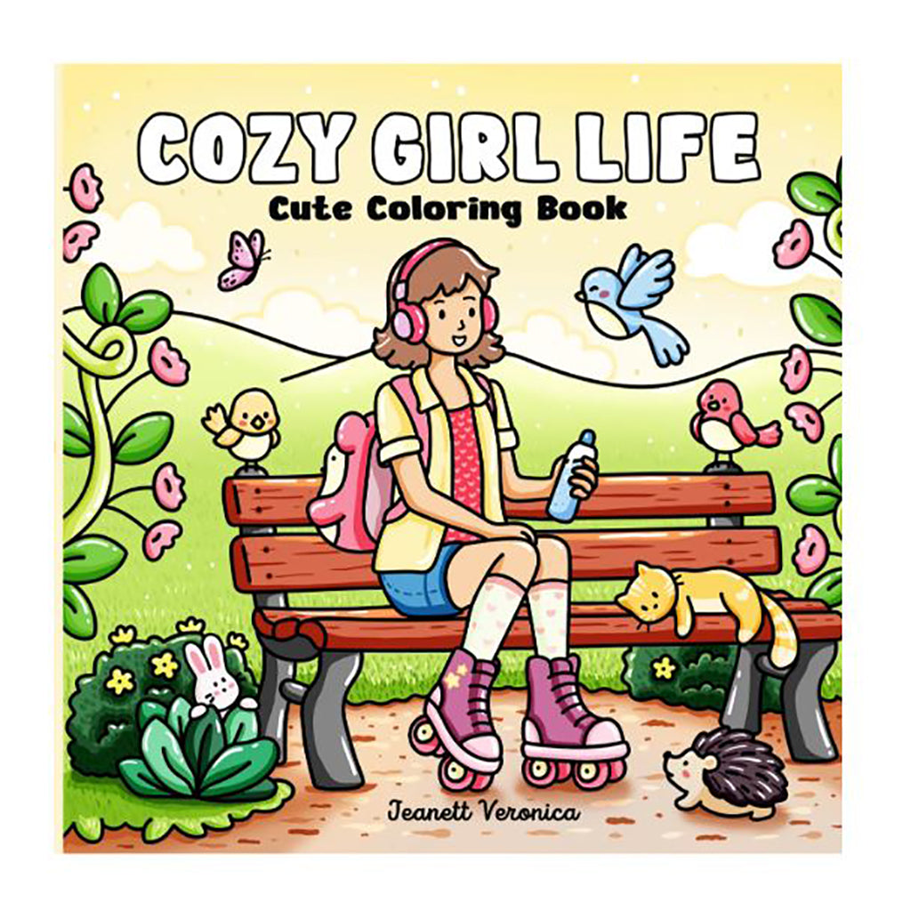 Cozy Girl life malebog forsiden viser en pige på en bænk i en park