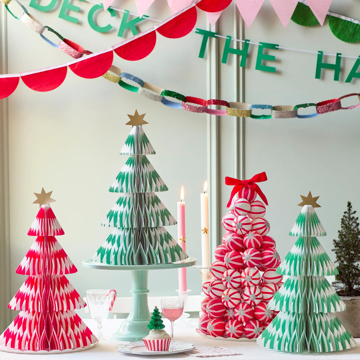 Meri Meri juletrær i papir, Stripe Paper Honeycomb Trees, 3 stk.