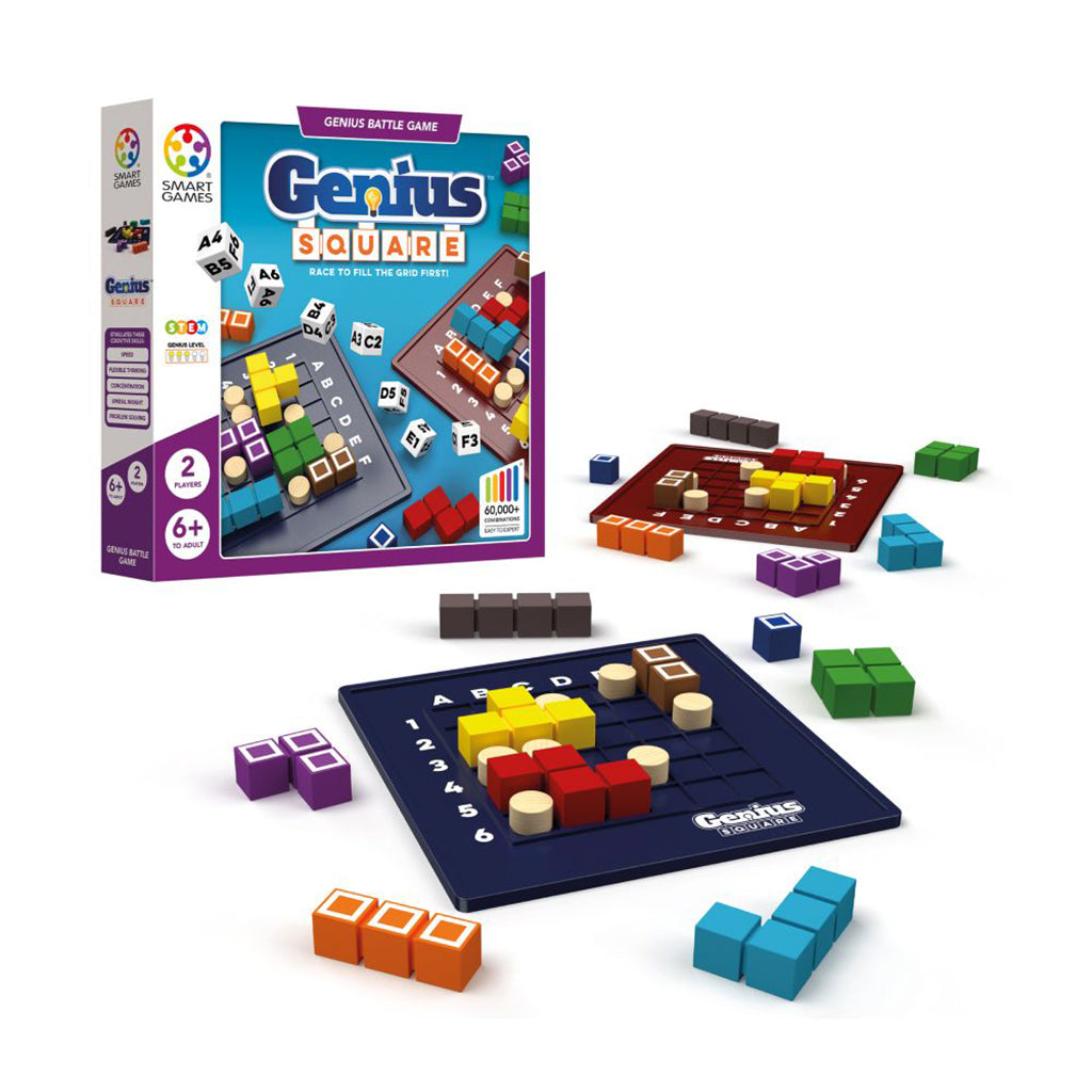 SmartGames Genius Square brætspil med terninger og brikker.