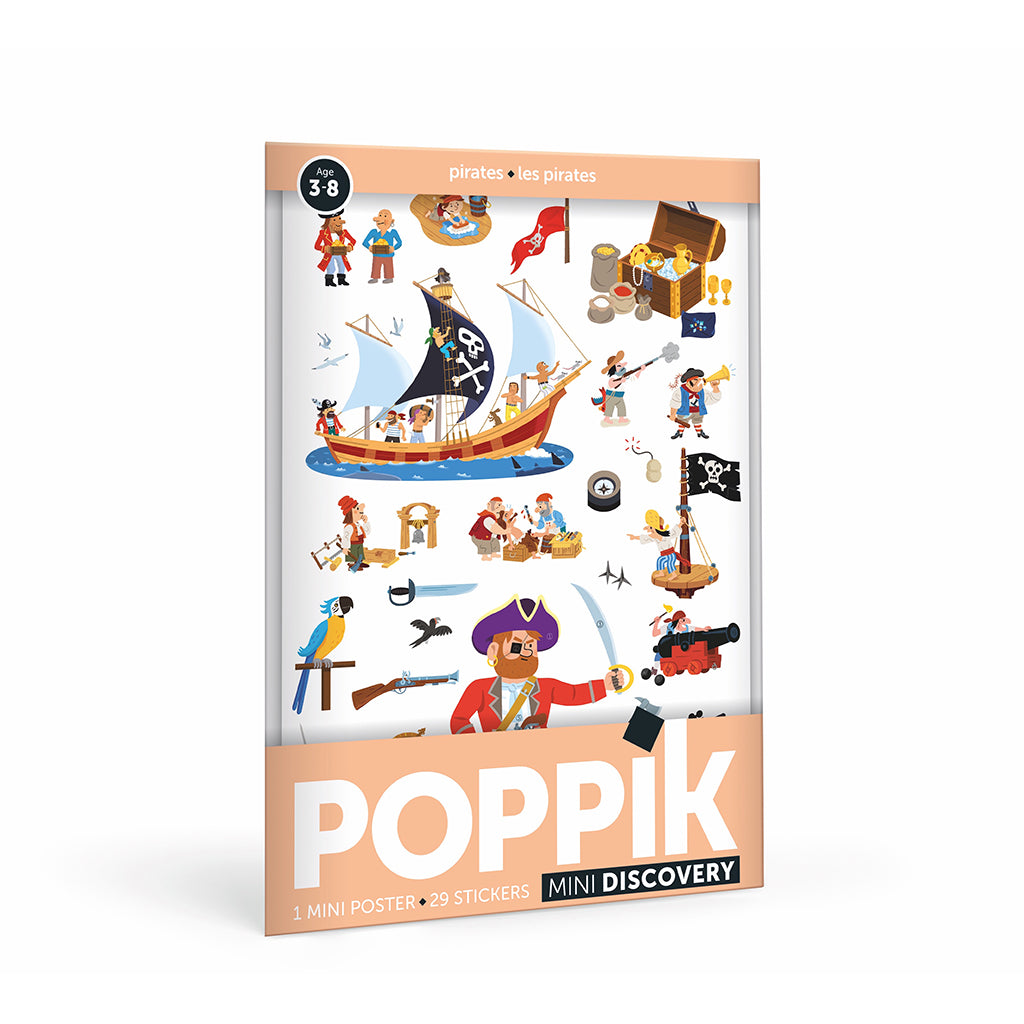 Poppik klistremosaik i papir, mini plakat og 30 stickers med piratmotiv
