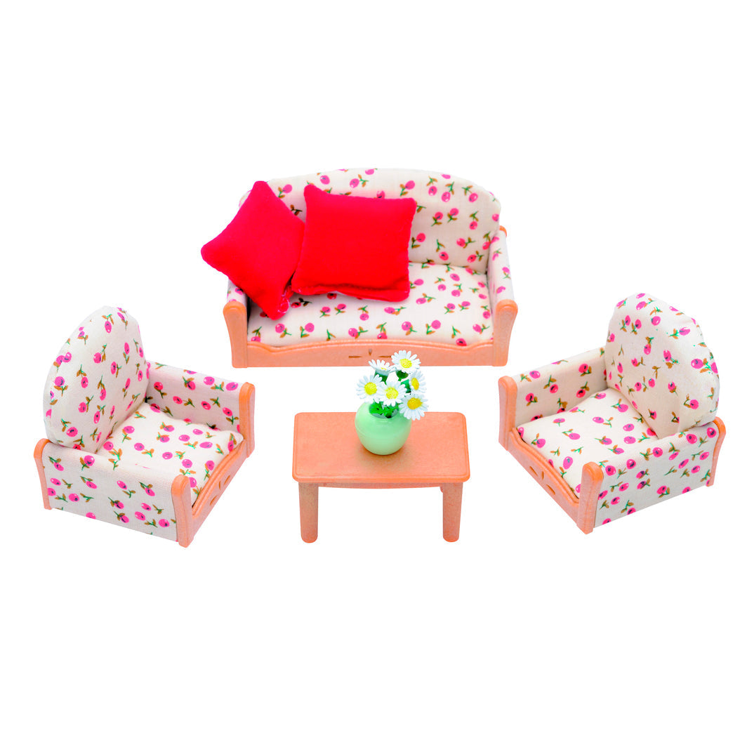 Sylvanian Families sofagruppe med blomstret mønster og røde puder