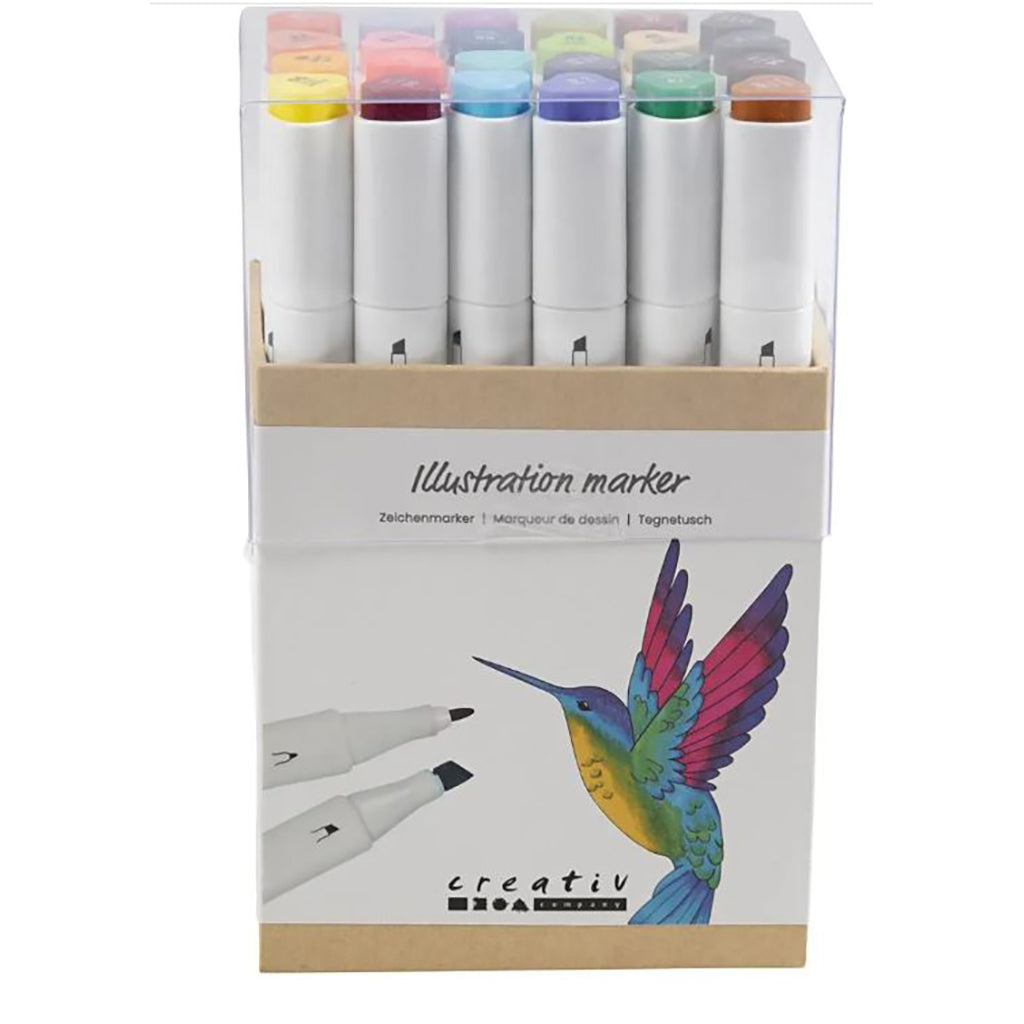 Illustration Marker sæt med 24 tuscher og kolibriillustration