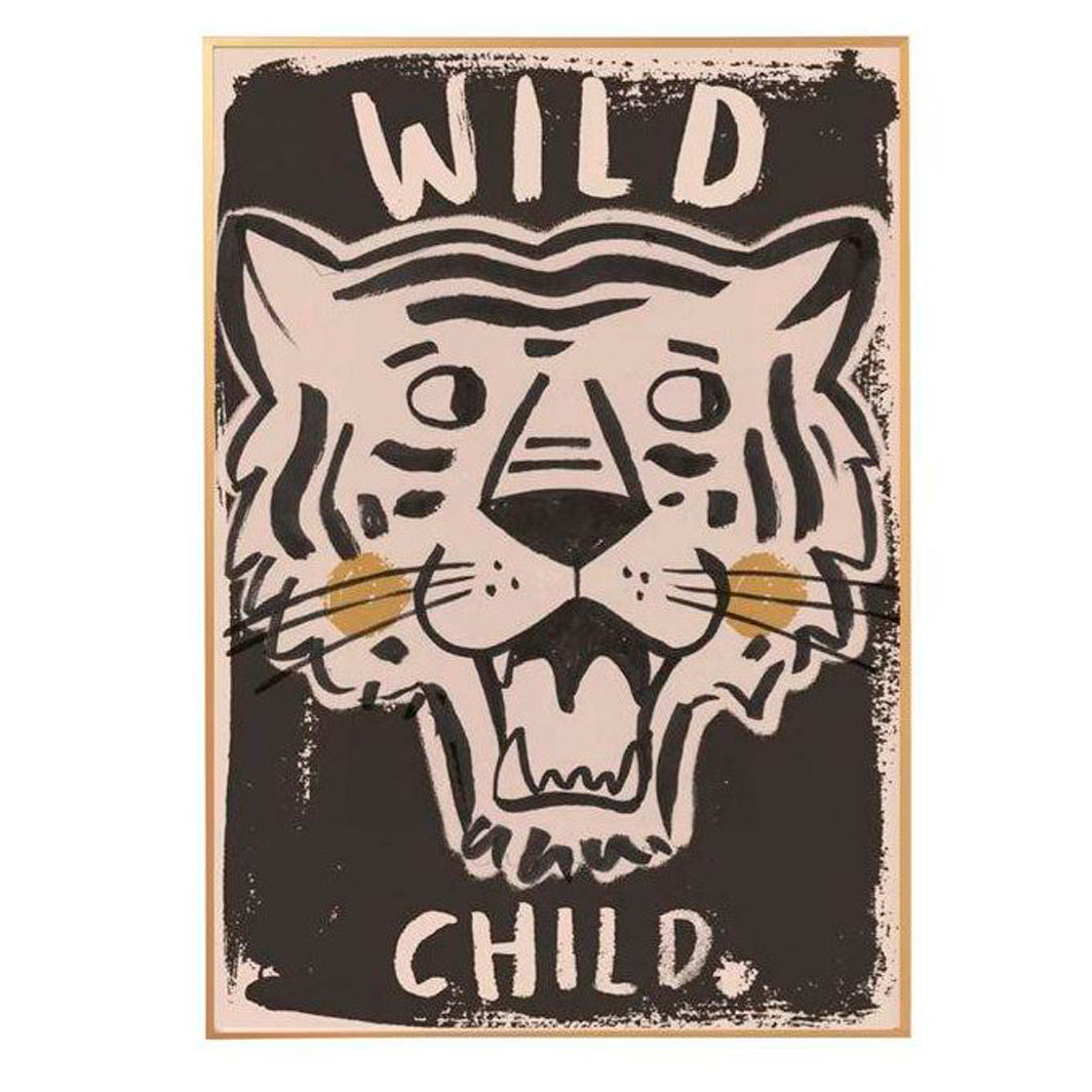 Studio Loco børneplakat Wild Child tigeransigt med tekst i sorte og hvide nuancer