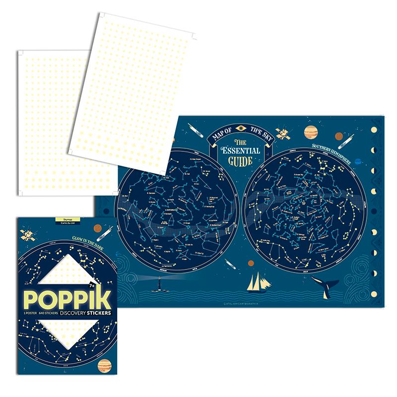 Poppik klistremosaikk i papir, Plakat og 640 klistremerker - Glow in the dark skymap