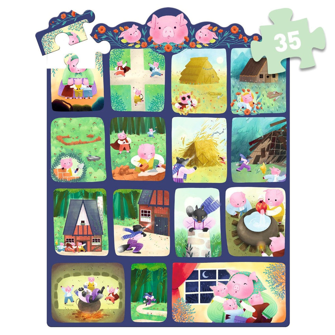 Djeco puslespill, Story puzzle, De tre små grisene - 35 brikker