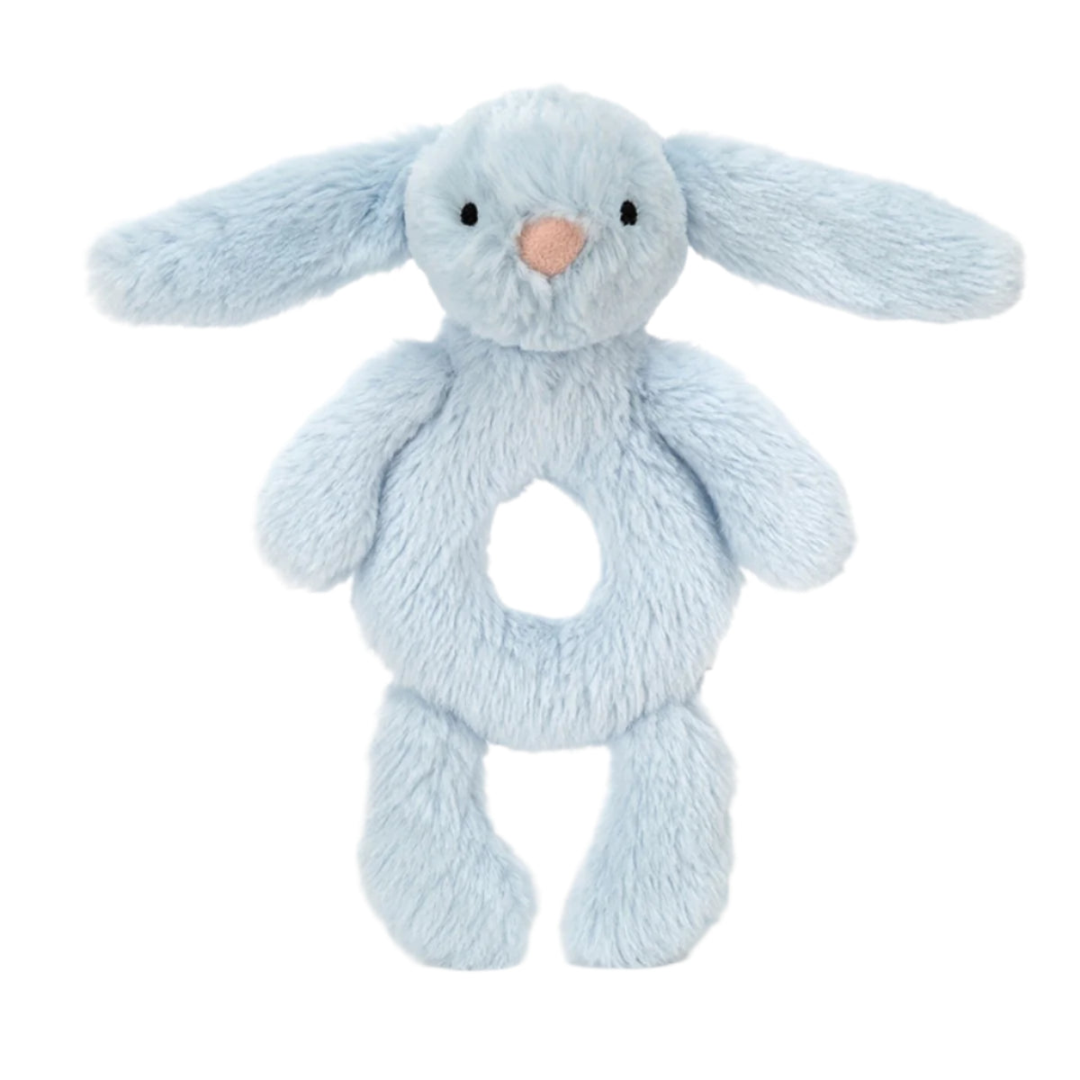Baby Jellycat ring rangle, Bashful kanin, lyseblå bamse på en hvid baggrund