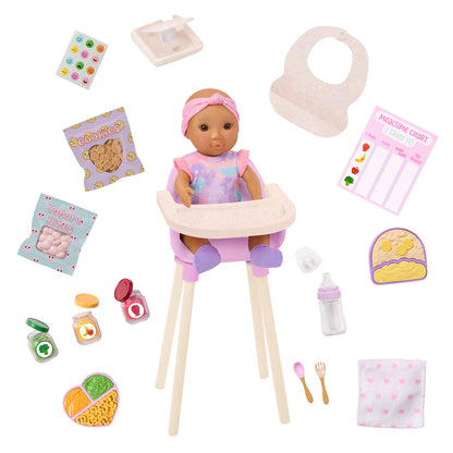Our Generation dukketilbehør til spisetid med babydukke i højstol og legemad