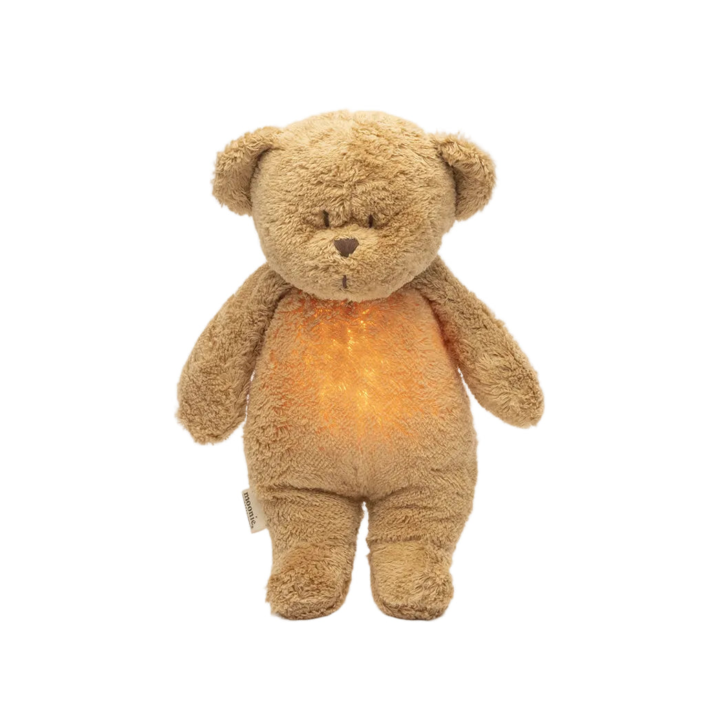 Moonie 2.0, økologisk Humming bjørn med rosa støy og lampe - Cappuccino