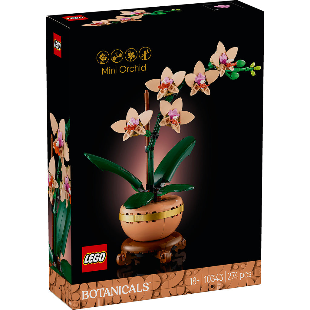 LEGO Botanicals Mini-orkide sæt i sort æske med billede af orkideblomst