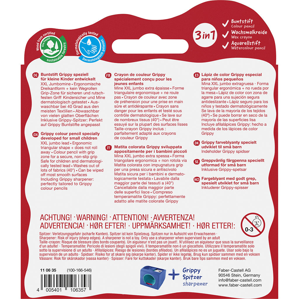 Faber-Castell, Grippy Jumbo fargeblyanter 6 stk + 1 blyantspisser