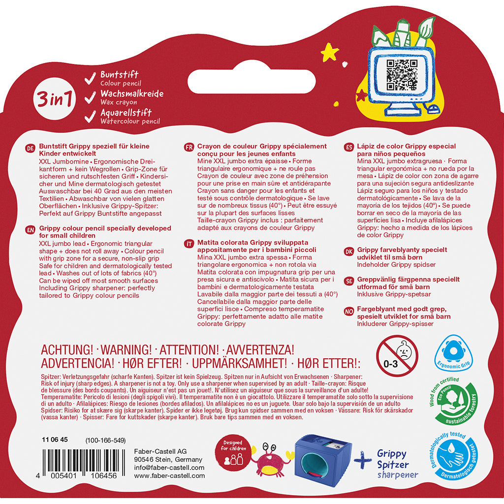 Faber-Castell, Grippy Jumbo fargeblyanter 16 stk + 1 blyantspisser
