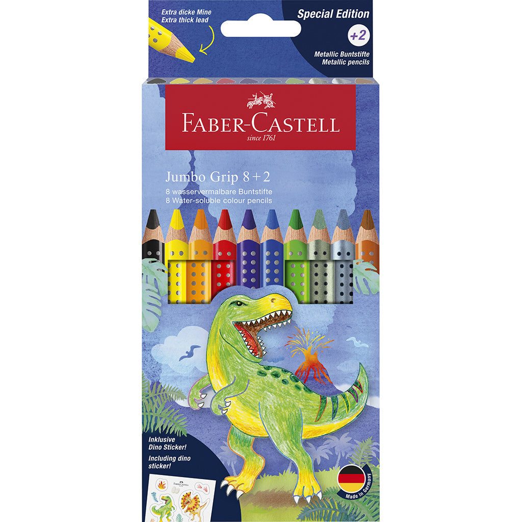 Faber-Castell, 8+2 Jumbo Grip farger + klistremerker - Dinosaur