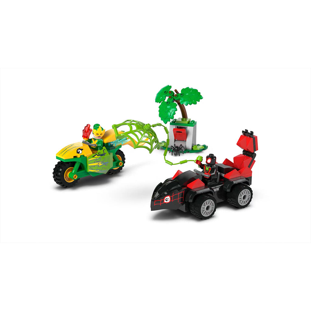 LEGO® Spidey, Spin og Electros jakt i dinosaurkjøretøy