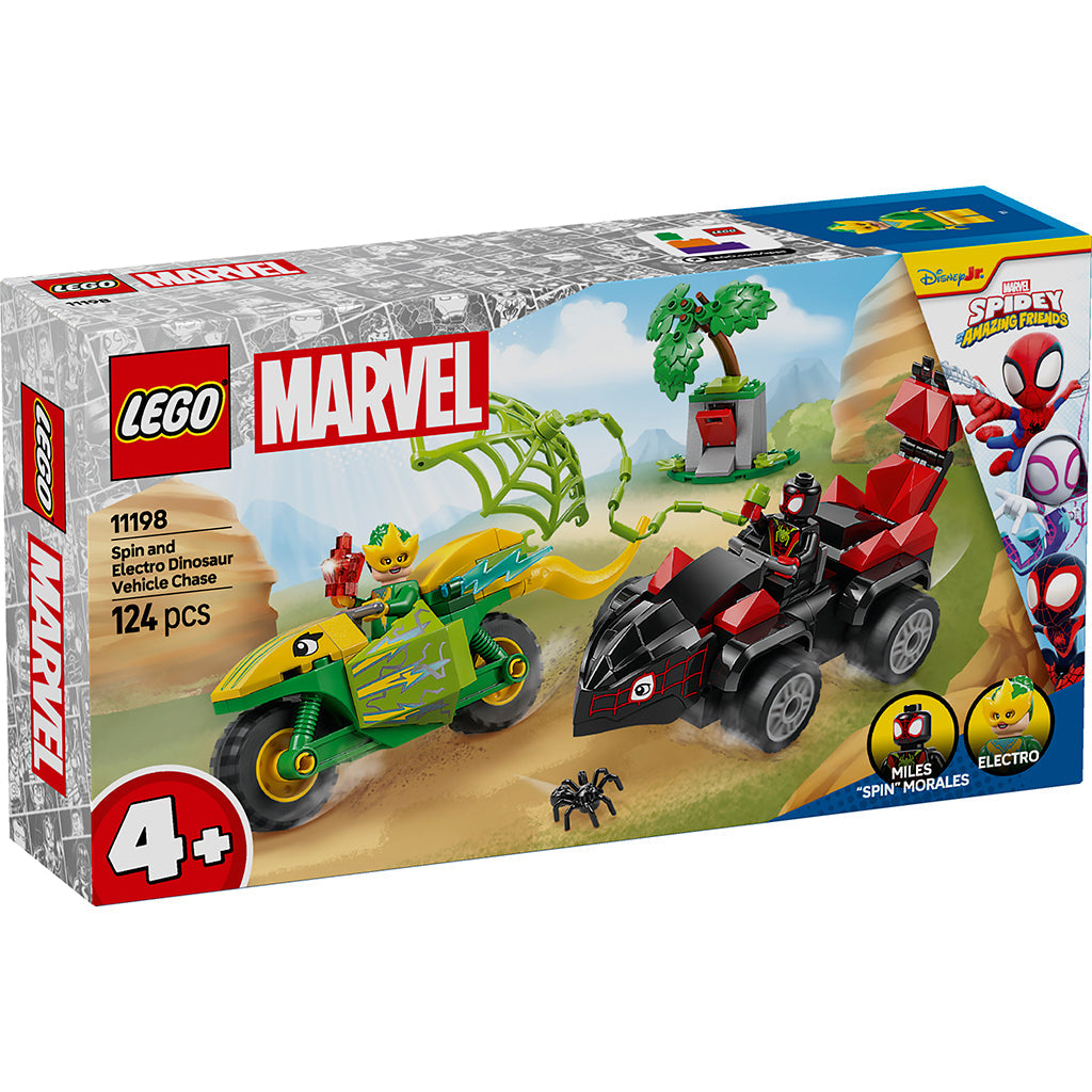 LEGO® Spidey, Spin og Electros jakt i dinosaurkjøretøy