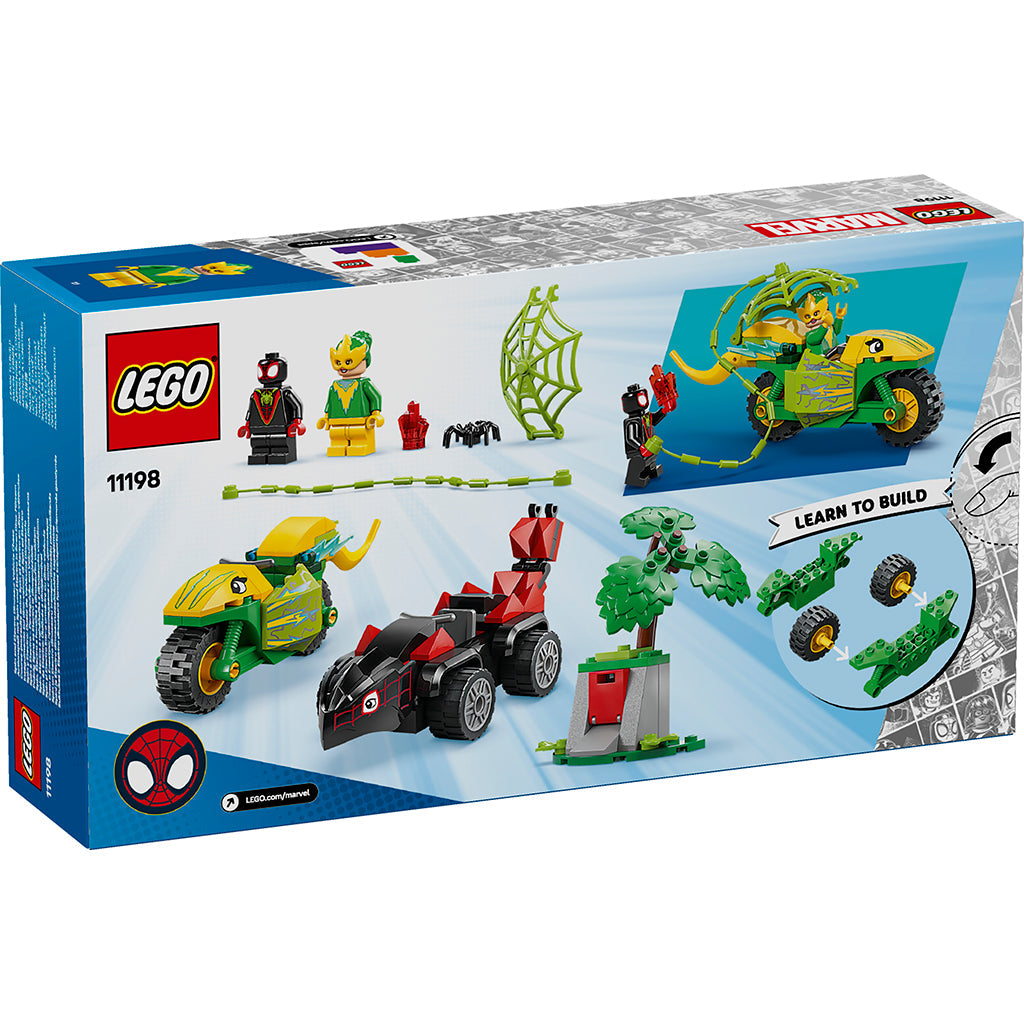 LEGO® Spidey, Spin og Electros jakt i dinosaurkjøretøy