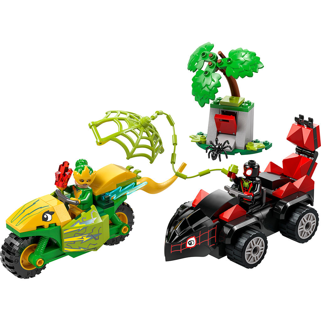 LEGO® Spidey, Spin og Electros jakt i dinosaurkjøretøy