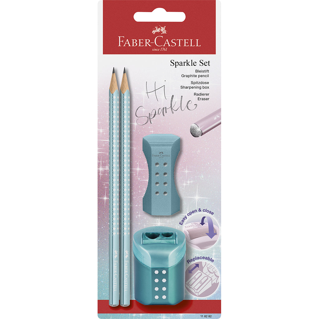 Faber-Castell 4-i-1 Hi Sparkle sett, blyanter, blyantspisser og viskelær - Hav (Ocean).