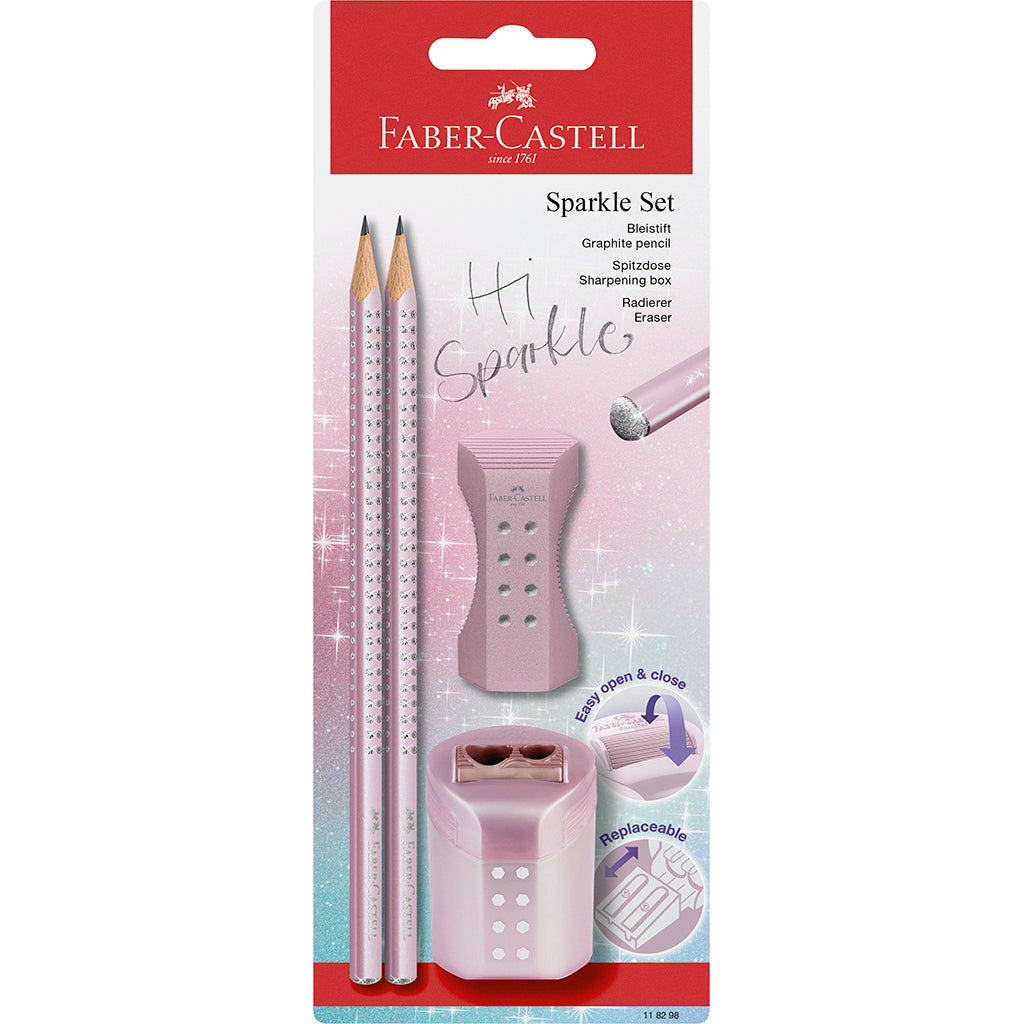 Faber-Castell 3-i-1 Sparkle sæt, rose, blyanter, viskelæder, blyantspidser