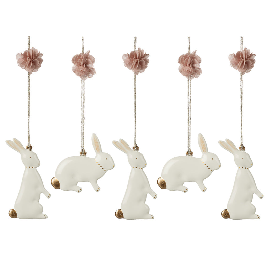 Maileg påskepynt, metallornament – 5 påskeharer