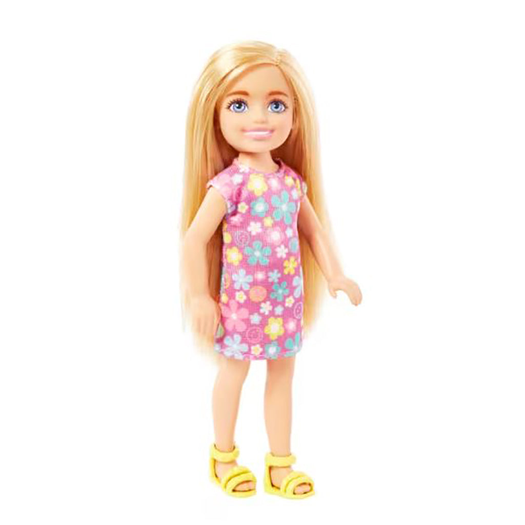 Barbie Chelsea dukke, lyst hår og lilla kjole med blomster
