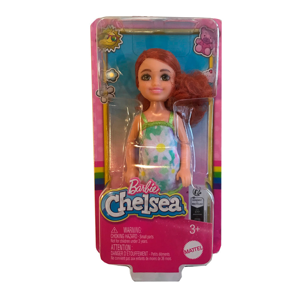 Barbie Chelsea dukke, rødt hår og kjole med hvide blomster i emballage