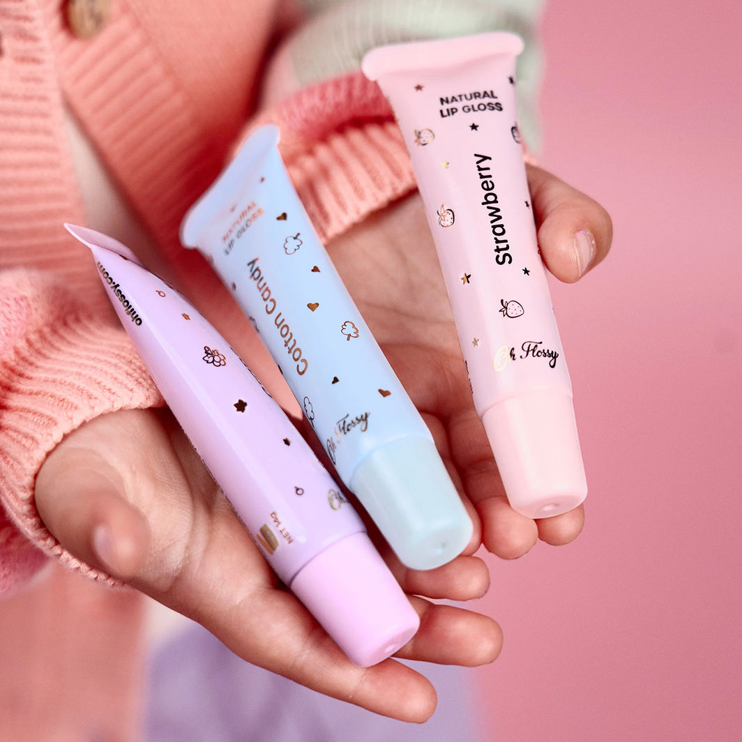 Oh Flossy Naturlig Lip Gloss til barn, Sett med 3 farger