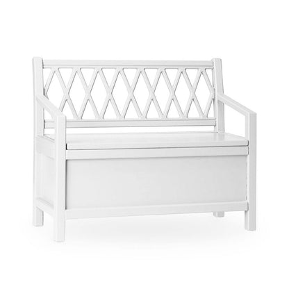 Cam Cam bænk, Harlequin Kids storage bench – hvid. Fin lille slagbænk med opbevaring under sædet. fremstillet i 100% FSC certificeret birketræ og ryglænet er skåret i harlekinmønster. 