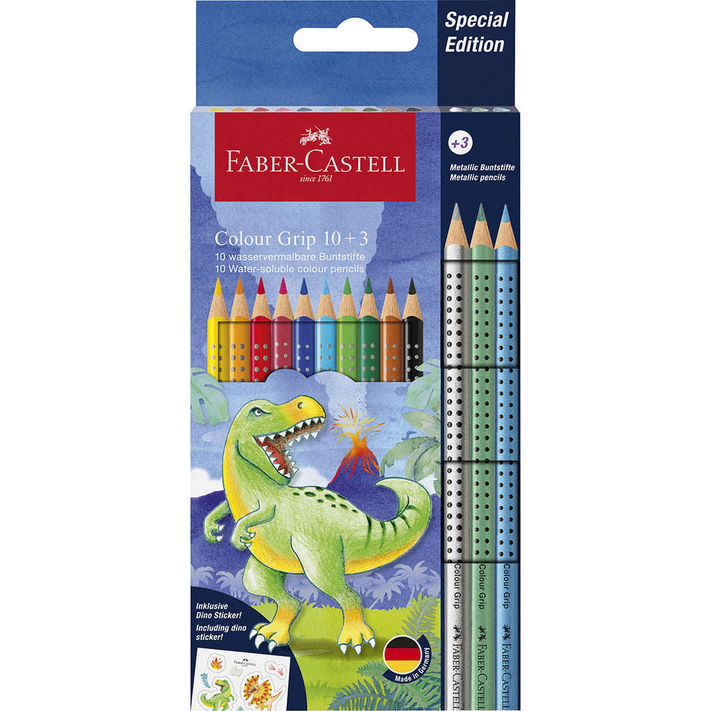 Faber-Castell 10+3 Grip akvarellfargeblyanter + klistremerker, Dinosaur