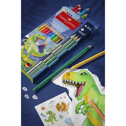 Faber-Castell 10+3 Grip akvarellfargeblyanter + klistremerker, Dinosaur