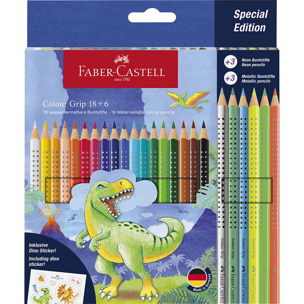 Faber-Castell 18+6 Grip akvarell fargeblyanter + klistremerker, Dinosaur