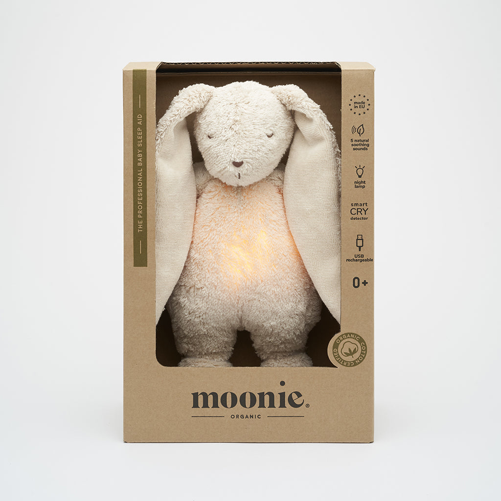 Moonie 2.0, økologisk Humming kanin med pink noise og lampe – Sand