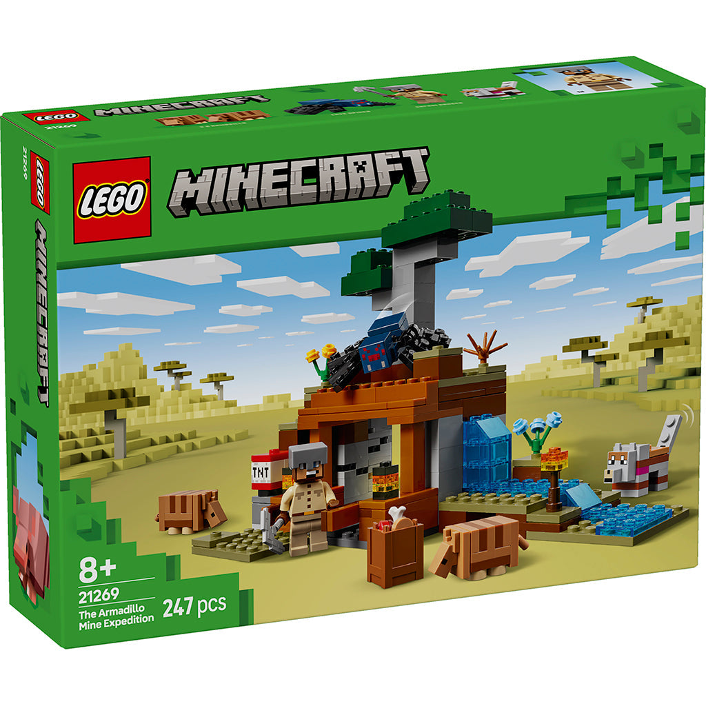 LEGO Minecraft boks med bæltedyrs mineekspeditionen og æskebillede