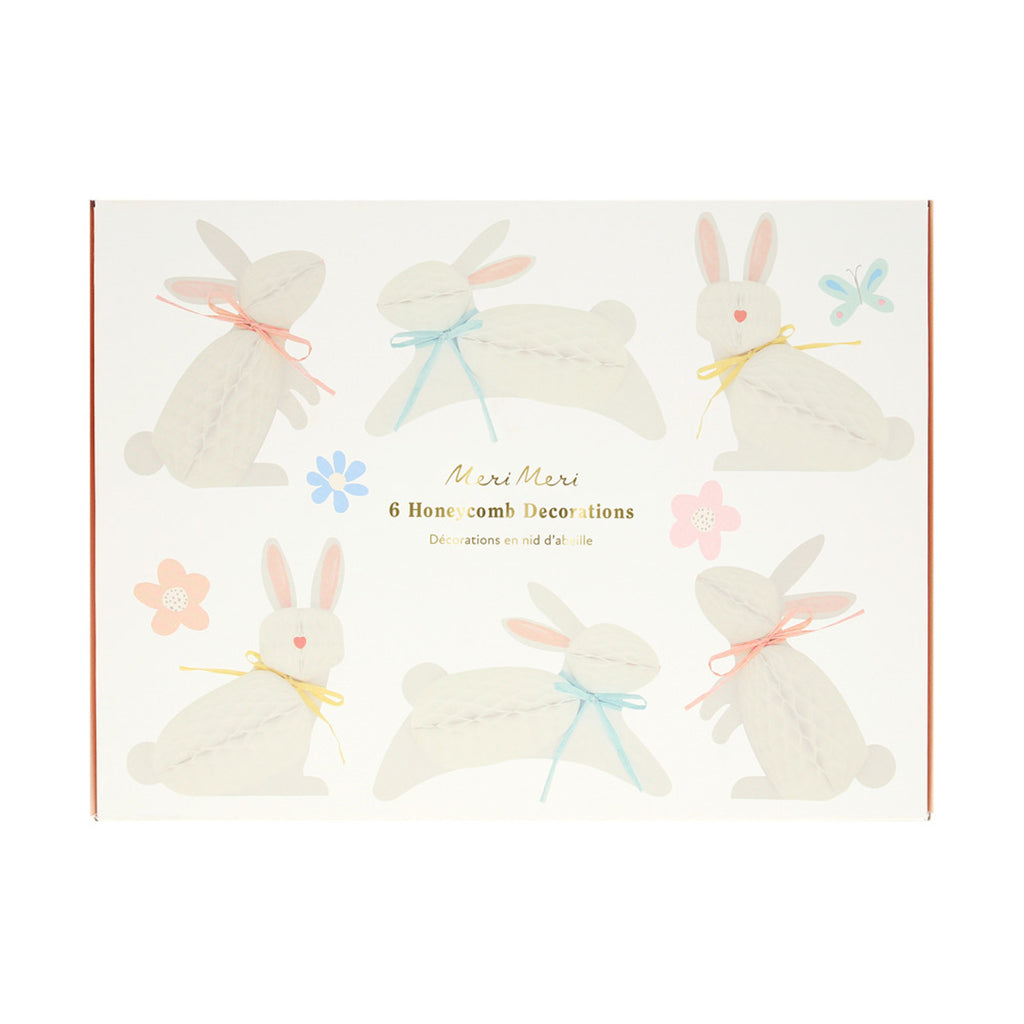 Meri Meri påske, honeycomb-dekorasjoner – Pom pom-kaniner – 6 stk.