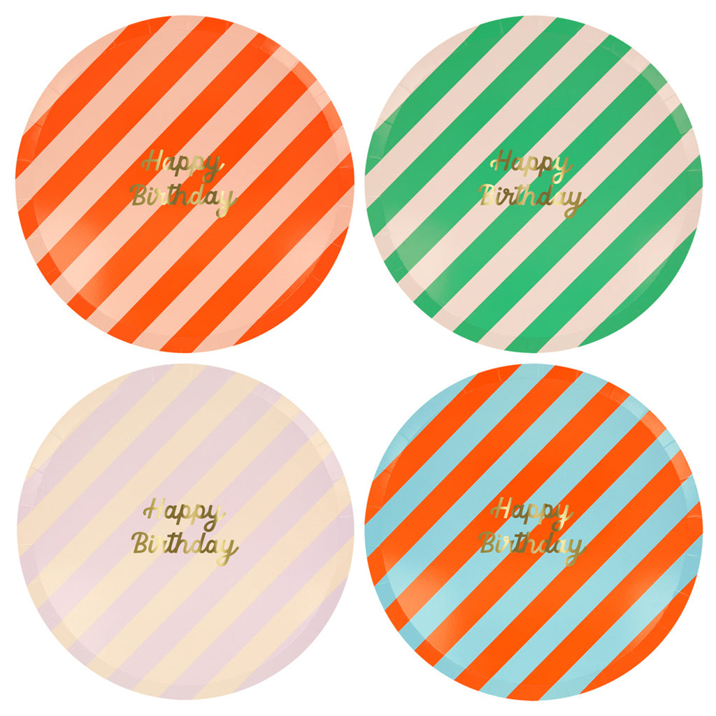 Meri Meri paptallerkener, Str. L, Striped Happy Birthday - 8 stk