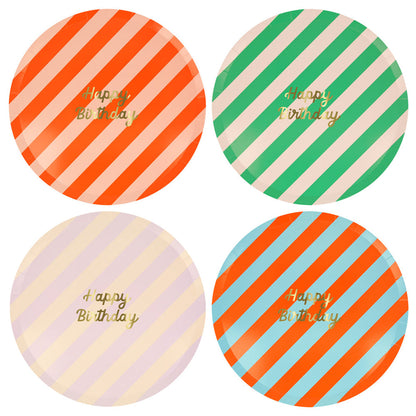 Meri Meri paptallerkener, Str. L, Striped Happy Birthday - 8 stk