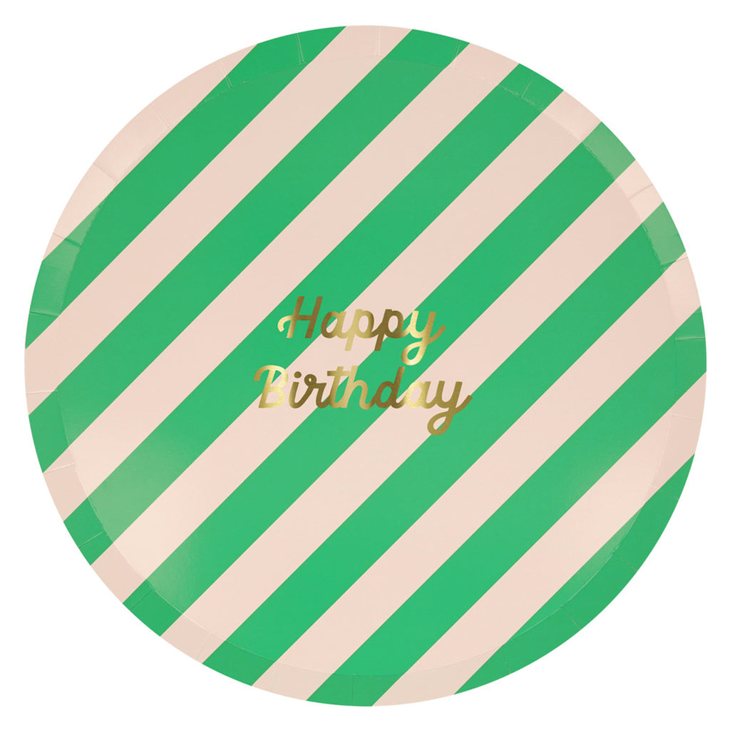 Meri Meri paptallerkener, Str. L, Striped Happy Birthday - 8 stk