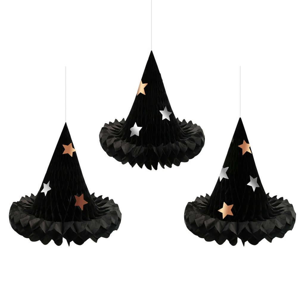 Meri Meri Halloween pynt, hængende dekoration, 3-honeycomb heksehatte