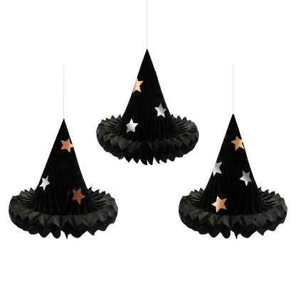 Meri Meri Halloween pynt, hængende dekoration, 3-honeycomb heksehatte