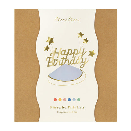 Meri Meri festhatter, Happy Birthday &amp; folie stjerne partyhatter - 6 stk