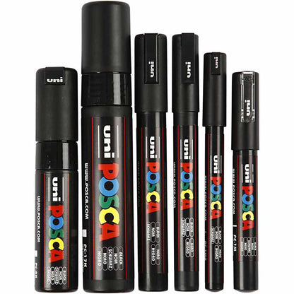 Posca tuscher, 6 stk., forskellige størrelser, sorte