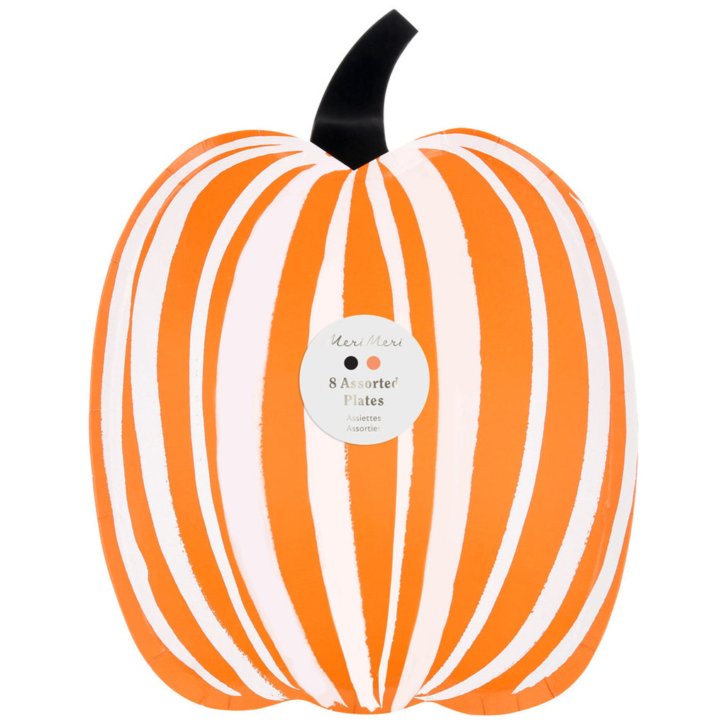 Meri Meri Paptallerkener, Halloween, Stribet græskar - 8 stk.