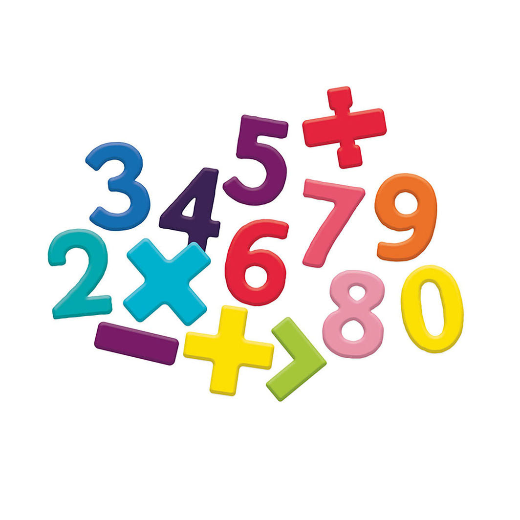 Forskellige farverige magnetiske tal og regnetegn fra Vilac, godt til leg og læring.