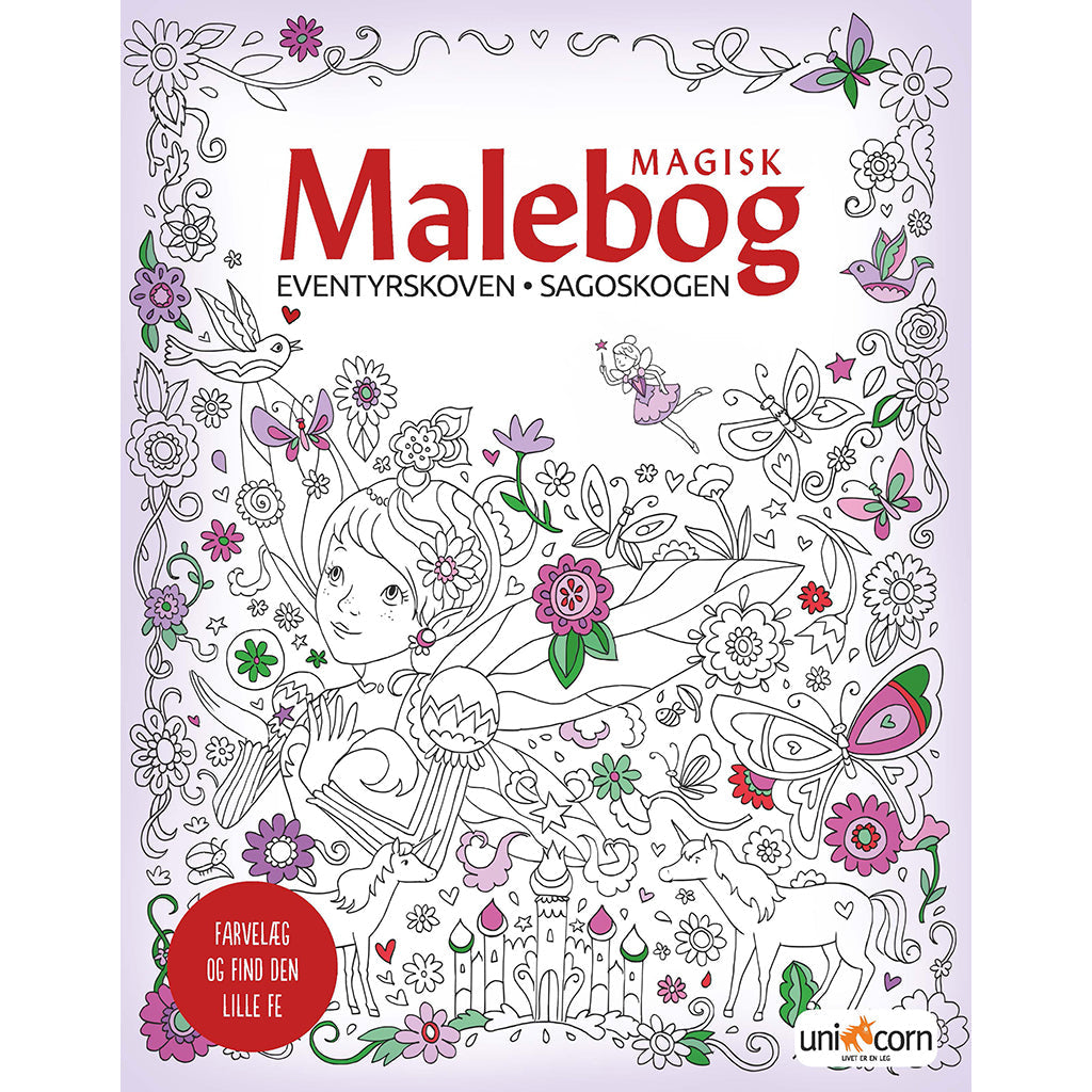 Magisk malebog Eventyrskoven, forside med titel og blomstermønster