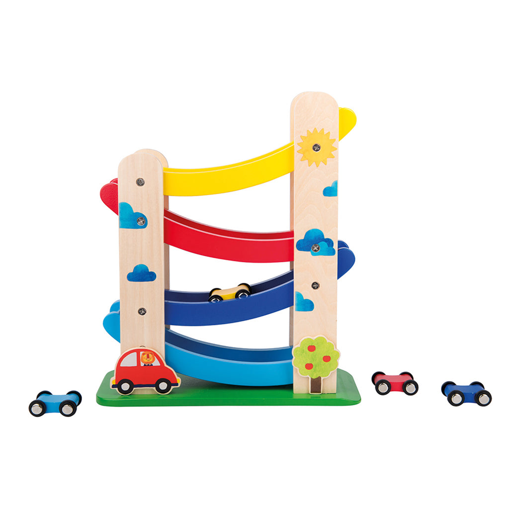 Moulin Roty bilbane med 4 biler i træ til småbørn, zig-zag spor