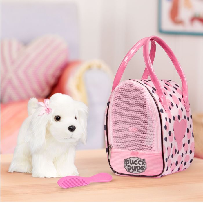 Pucci Pups-hund i veske, rosa prikker