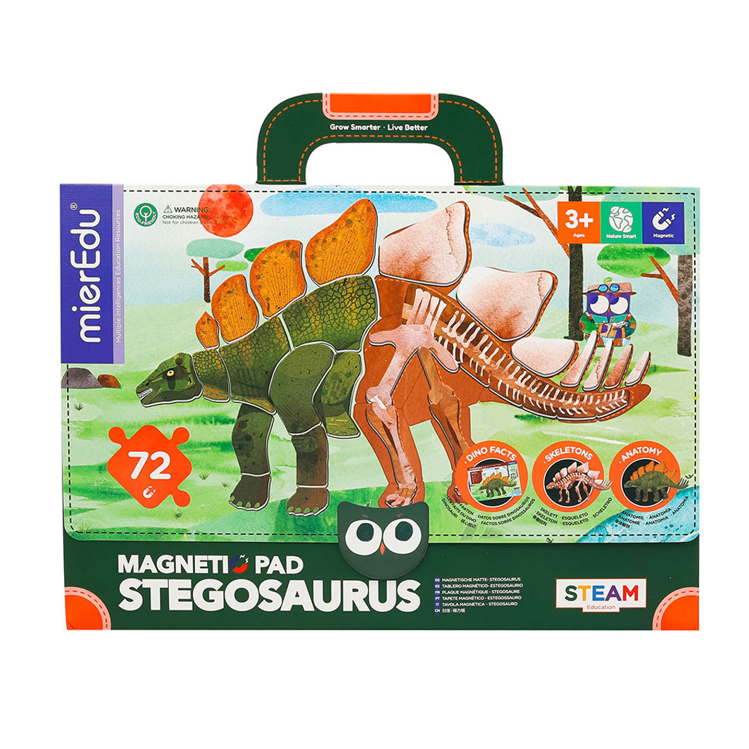 MierEdu magnetisk legetavle/puslespil Stegosaurus med grøn dinosaur og orange skelet