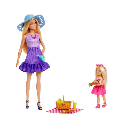 Barbie og Chelsea dukker picnic sæt på hvid baggrund