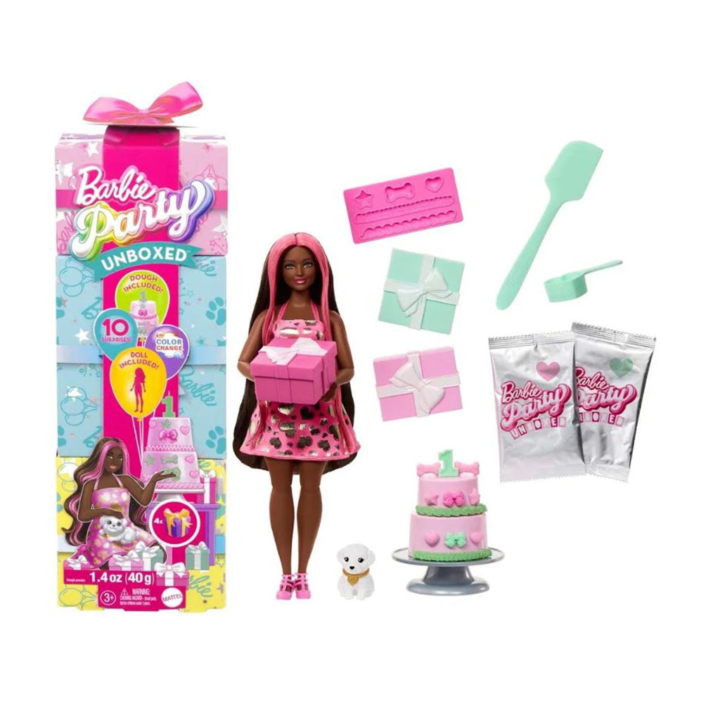 Barbie Party Unboxed-dukke med sort hår og 10 overraskelser
