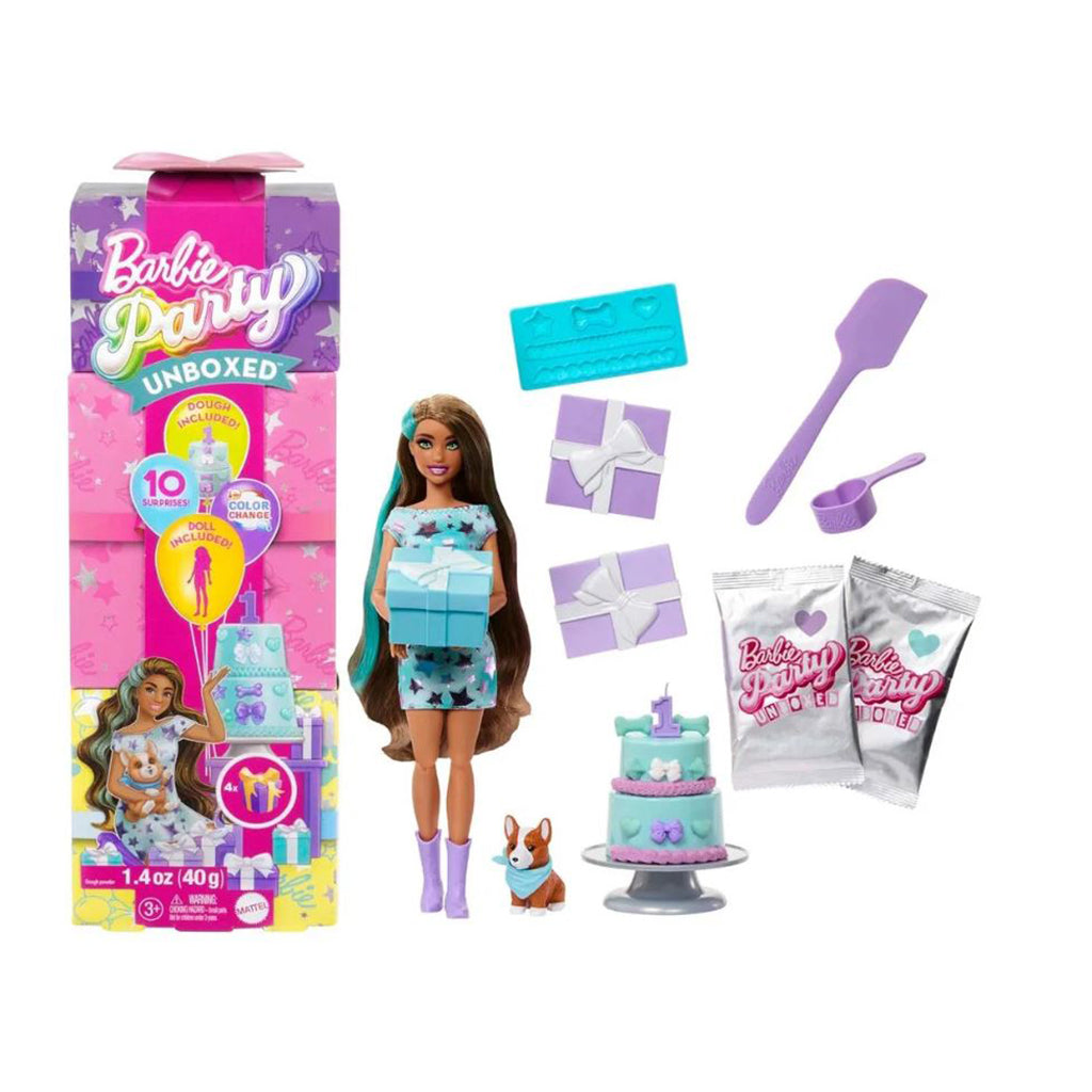 Barbie Party Unboxed-dukke med brunt hår og 10 overraskelser