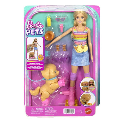 Barbie-dukke og hund på rulleskøyter
